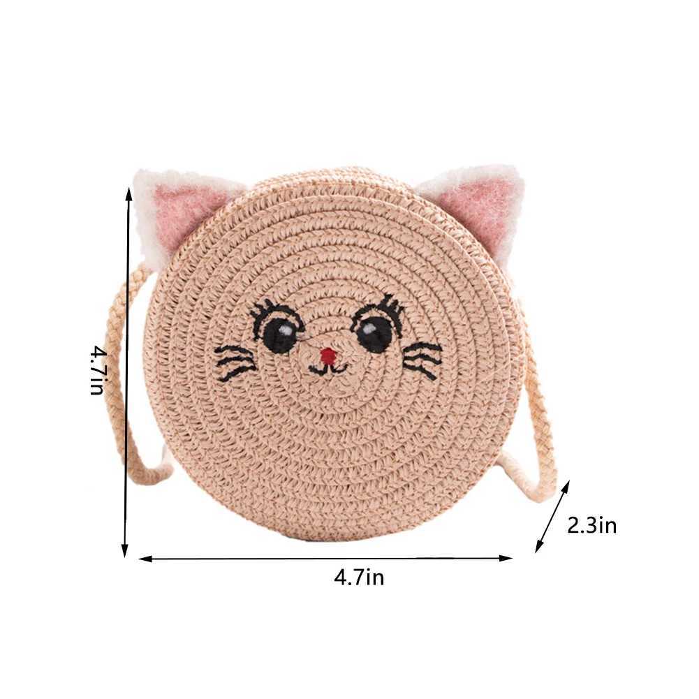 Cute Cat Beach Bag for Kids Fashion Small Round Straw Bag Casual Handmade Woven Shoulder Bag Solid Color Zipper Crossbody Bag LX241104