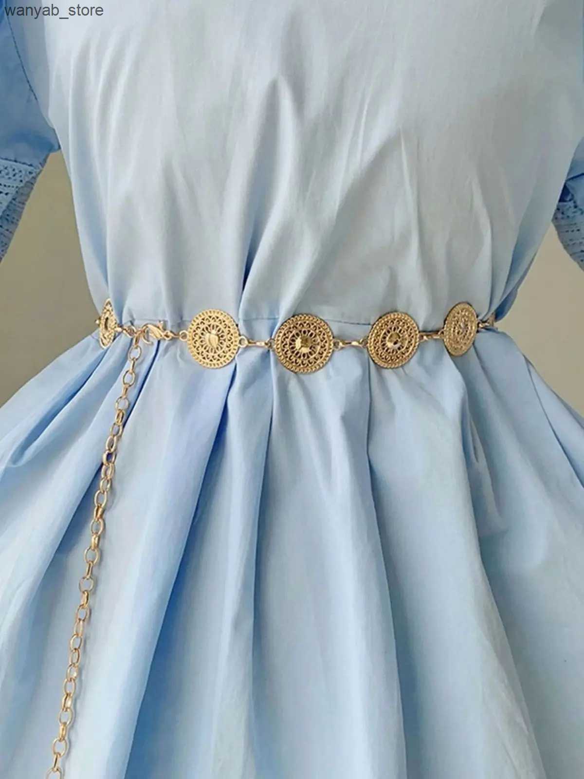 Belts Womens Steampunk Hollow Round Waist Chain Womens Design Art Alloy Belt Used for Dresses Elegance and Fashion Bohemian L240910
