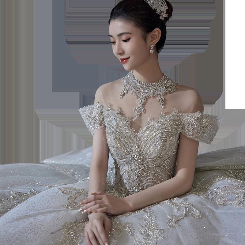 Sexy Bling For Women 2024 Crystals Beaded Tulle Backless Beach Boho Wedding Gown Vestidos De Novia Bridal Dresses Sheer Neck Wed Gowns 0510