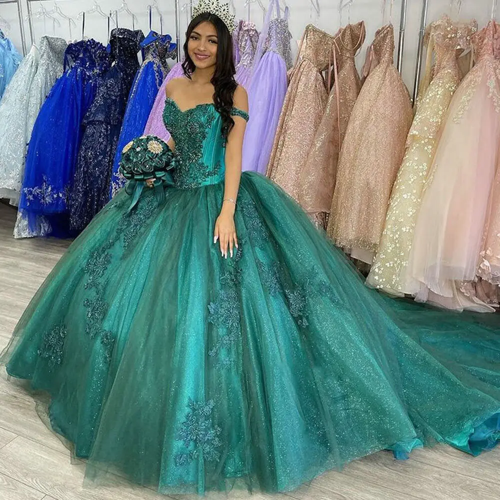 Elegant Hunter Quinceanera Dresses Sweetheart Neckline Off Shoulder Long Glitter Princess Prom Dress For Sweet 16 Girls Lace Appliques Back Lace-Up