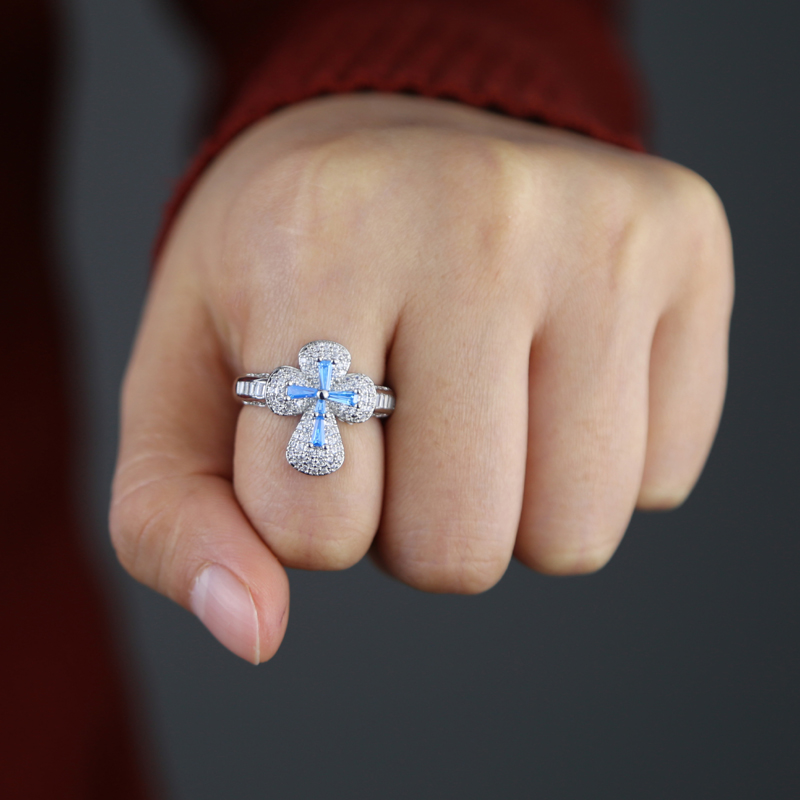 Men's Women's Iced Out Cross Ring: Full Paved Blue White Cubic Zirconia Hip Hop Jewelry Gift