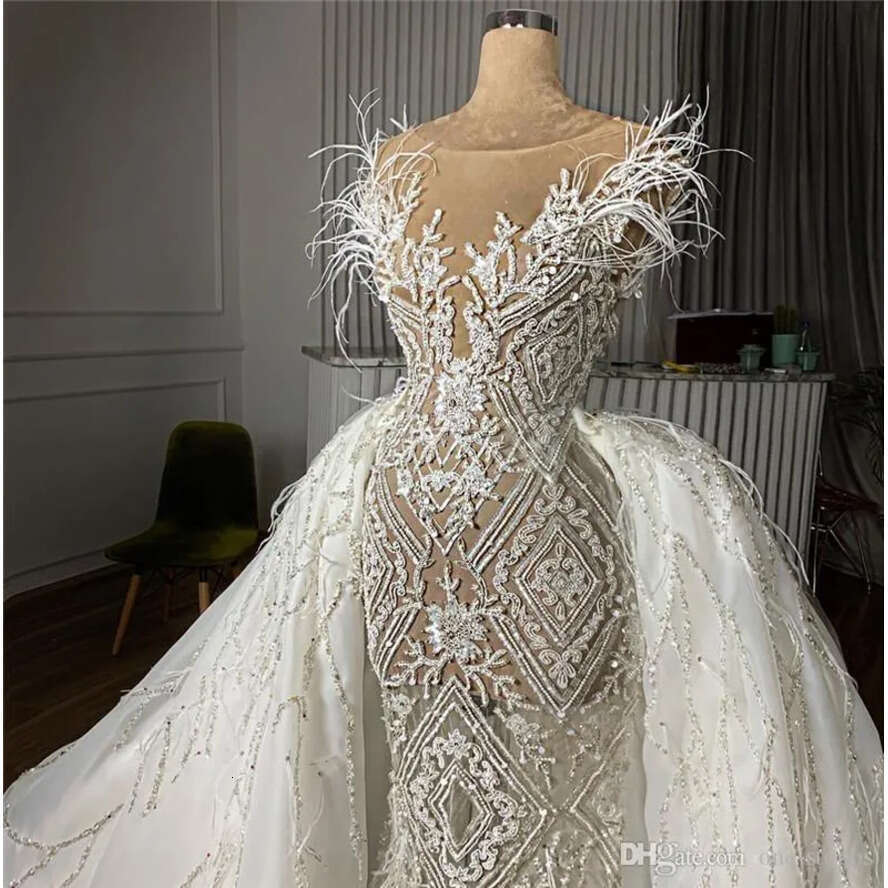 Real Pictures Crystal Beaded Mermaid Wedding Dresses With Detachable Train Appliqued Feathers Saudi Arabic Dubai Bridal Gown Cph032