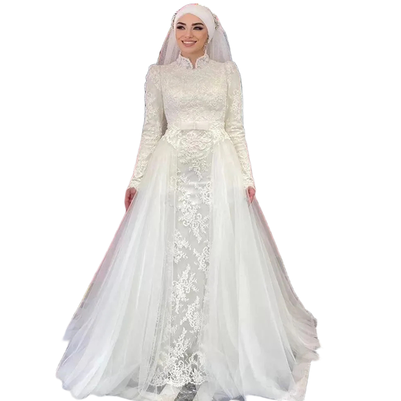 Lace Mermaid Muslim Wedding Dresses Long Sleeves High Neck Ivory Bridal Gowns Arabic Islamic Formal Dress Hijab Vestido De Novia