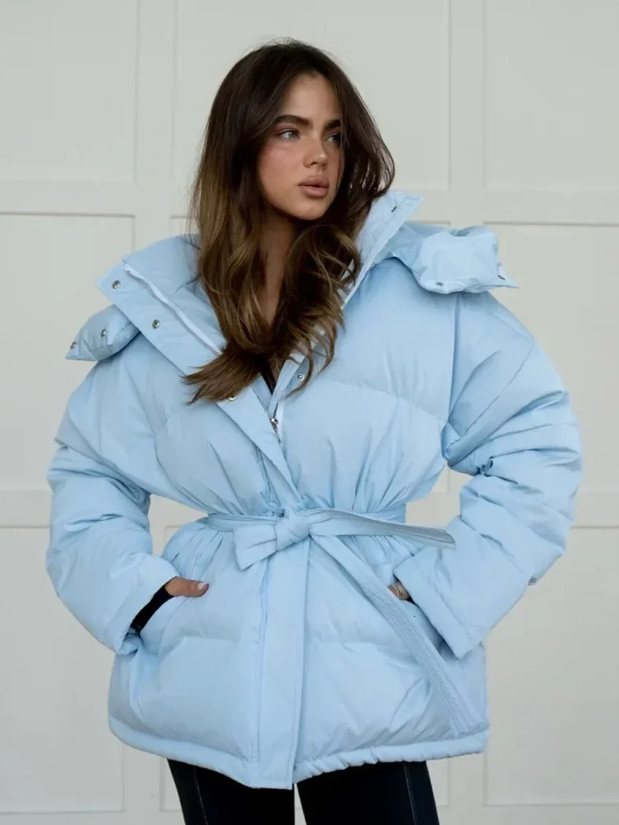 Wolfeel Fashion Thicken Warm Puffer Coats Women's Autumn Winter Cap Zip Soft Bread Parkas Office Lady Belt Cotton Jacket