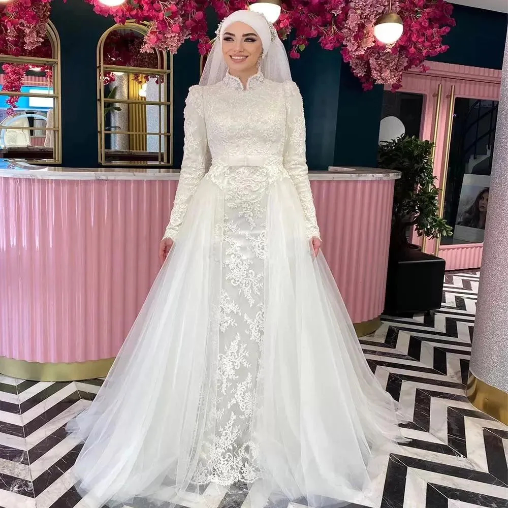 Lace Mermaid Muslim Wedding Dresses Long Sleeves High Neck Ivory Bridal Gowns Arabic Islamic Formal Dress Hijab Vestido De Novia