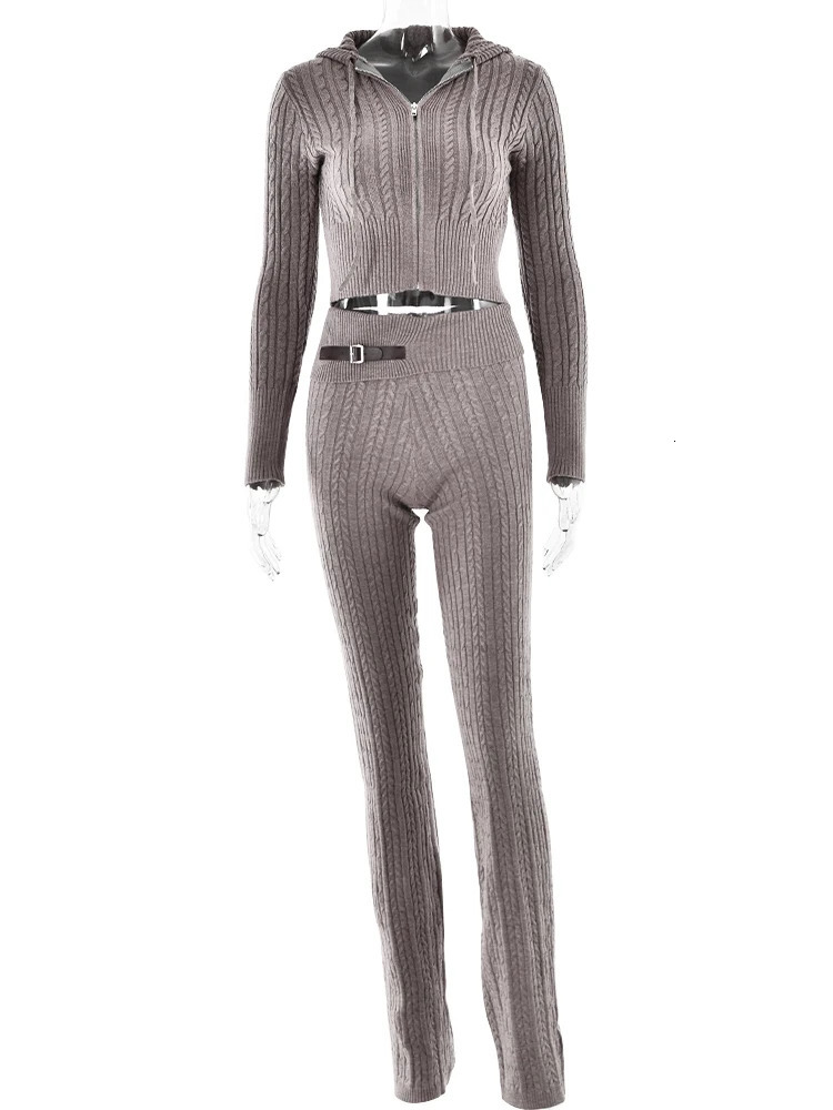 Fantoye Knitted Long Sleeve Zipper Hooded Women Two Piece Sets Thicken Sweater Skinny Long Pant Suit Solid Casual Sweatshirt Set 240328