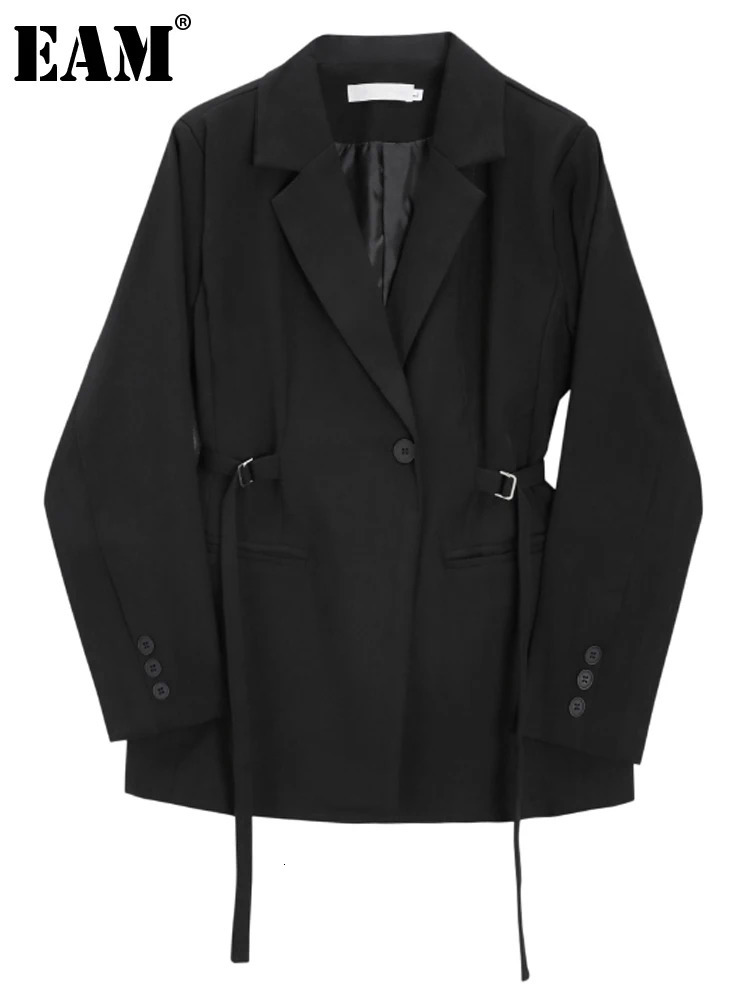 EAM Black Bandage Buckle Causal Blazer Women Lapel Long Sleeve Loose Fit Jacket Fashion Spring Autumn 30A2051 241021