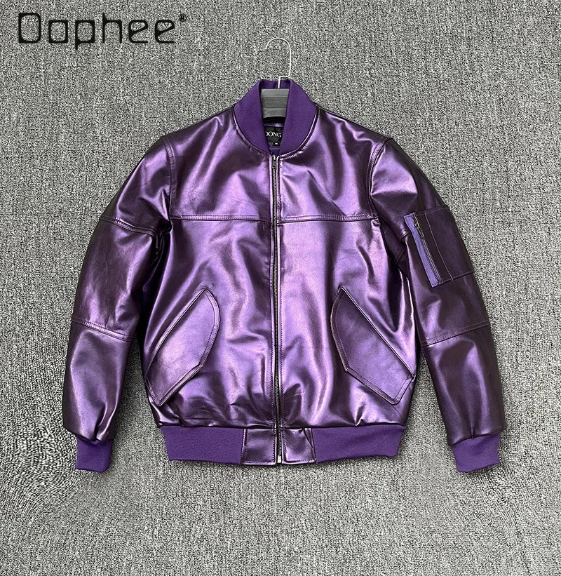 Purple Sheepskin Baseball Jacket Men Streetwear Long Sleeve Trend Casual Slim Leather Coats Male Clothes Motorcycle 241104