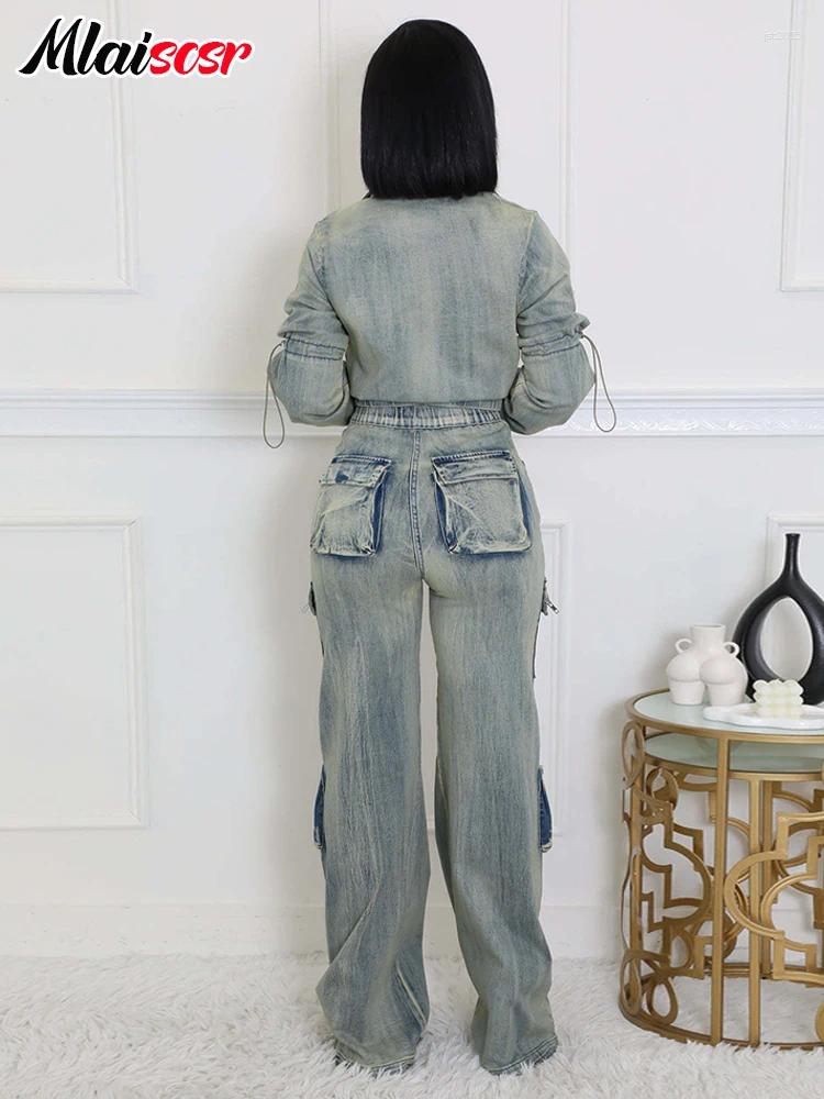 Women's Two Piece Pants Mlaiscsr Vintage Stretch Denim 2 Sets Women Zip Slim Jackets And Pocket Cargo Jeans Outfit Streetwear Winter Suits