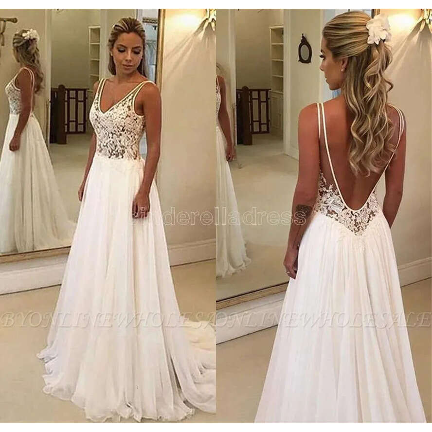 V Neck Lace A E Bohemia Dresses Chiffon Applique Backless Sweep Train Summer Beach Wedding Bridal Gown Robe De Marie BC