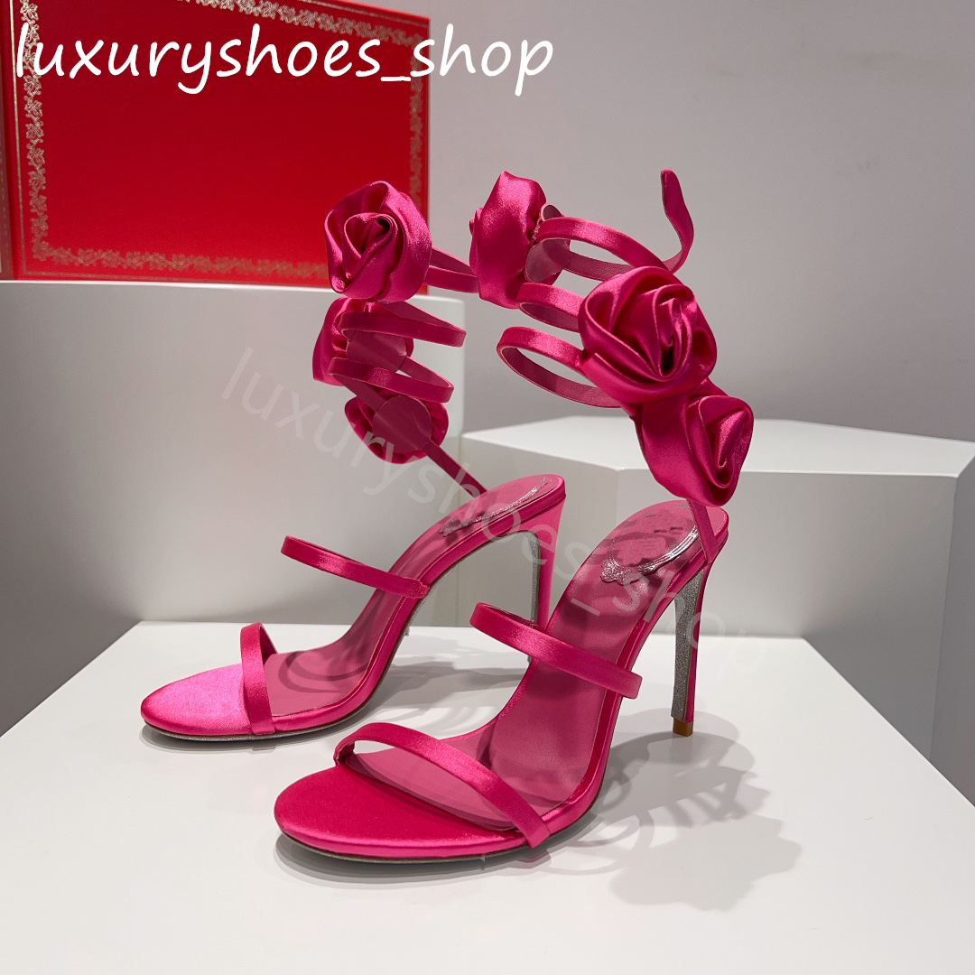 Rose Flower Embellished Sandals Satin Snake Strass Stiletto Heels Women's High Heeled Designers Ankle Wraparound Evening Shoes women shoes heels with box