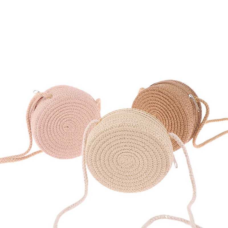Baby Girl Fashion Casual Solid Straw Shoulder Bags Kids Children Cute Round Messenger Candy Color Small Bag Backpack Accessories LX241104