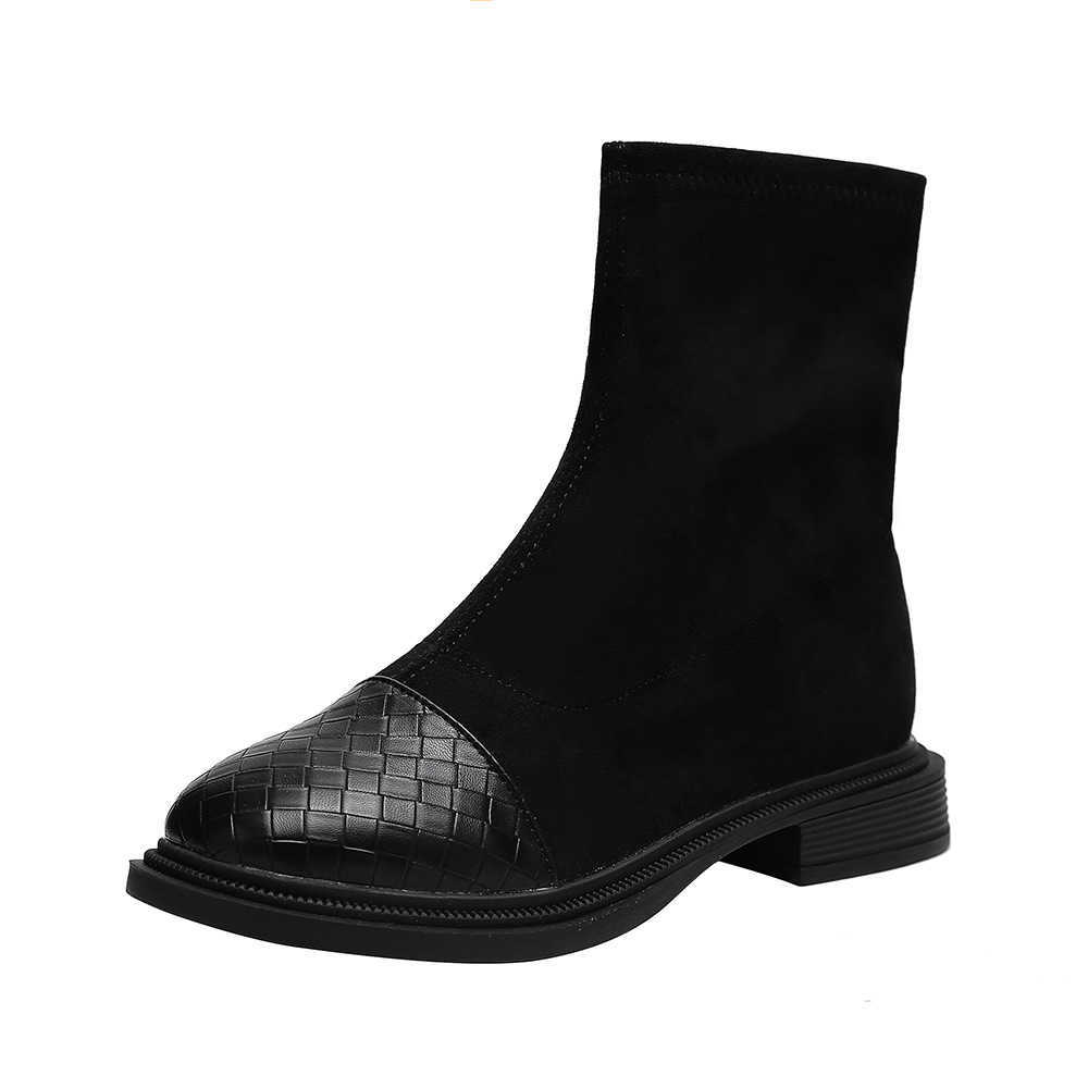 CMM Square Toe Short Boots for Women Autumn and Winter New Fashion Small Heel Elastic Boots Thick Heel Slimming Socks Boots Plush Boots