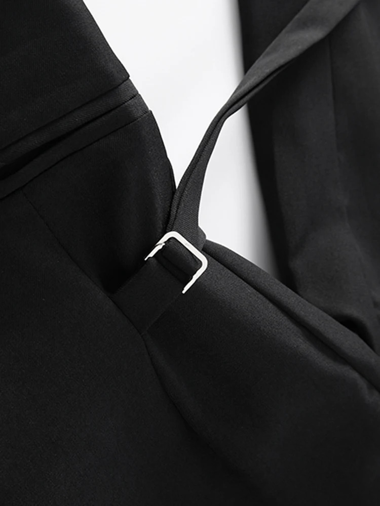 EAM Black Bandage Buckle Causal Blazer Women Lapel Long Sleeve Loose Fit Jacket Fashion Spring Autumn 30A2051 241021