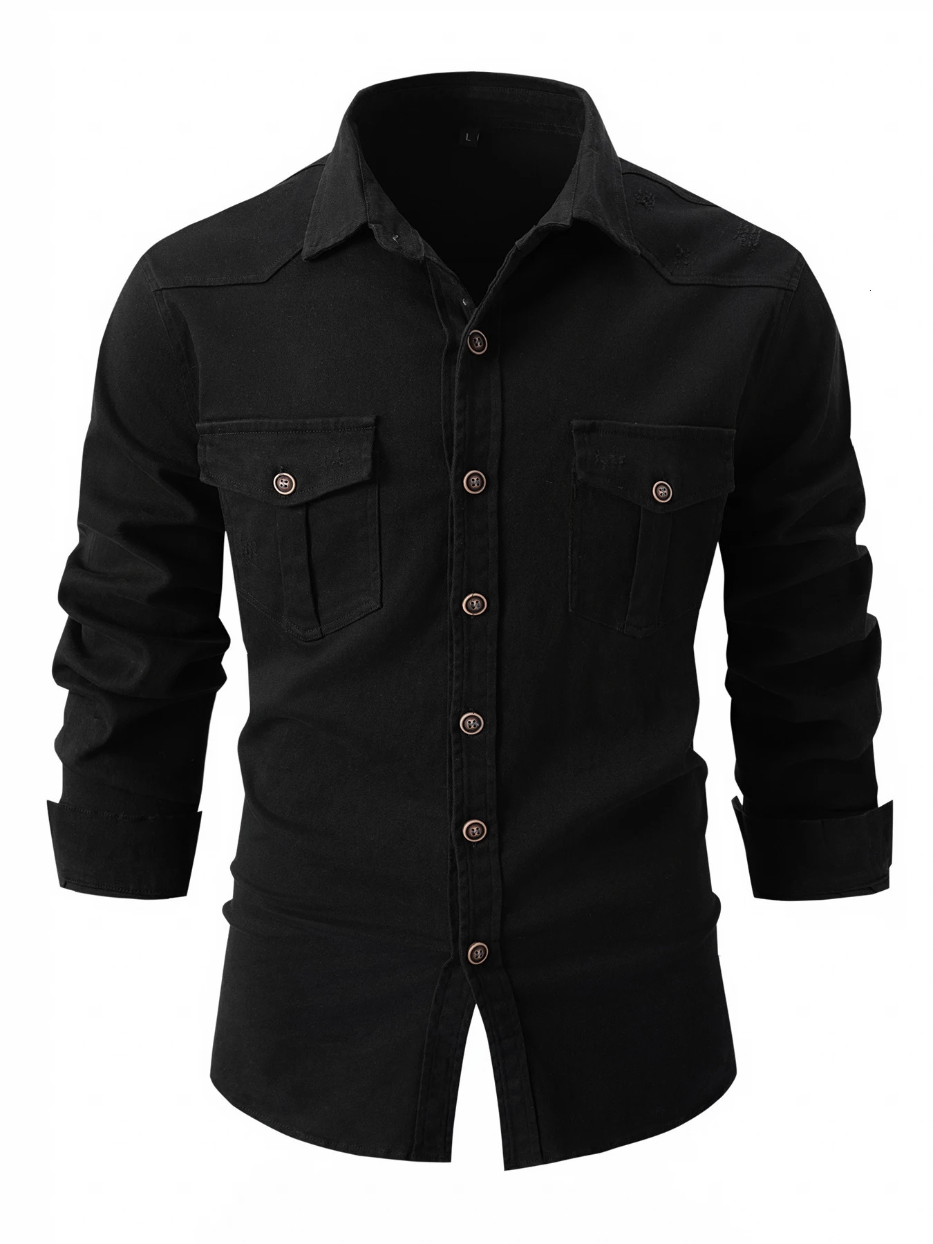 European size denim shirt mens casual solid color double pocket mens long sleeved washable elastic cotton fashion business sh 241030