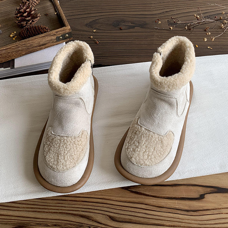 Women's Fahshion Boots:Anti Slip Snow Boots Suede Short Boots 2024 New Trendy Flat Bottom Winter Warm,Apricot/Black,Free shipping