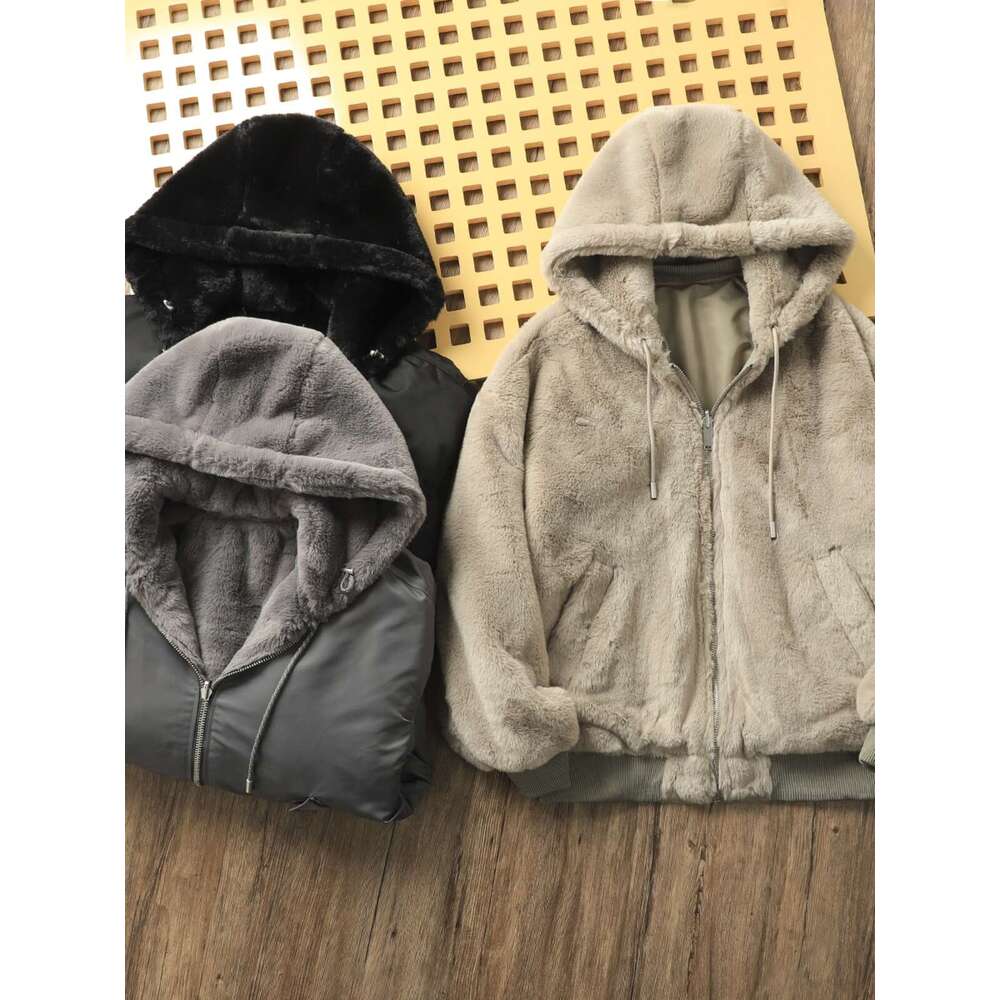 Two Sided Rabbit Plush Inner Winter Men's Thick Warm Bomber Jacket Light Lamb Wool Padded Coat Unisex Hooded Parkas