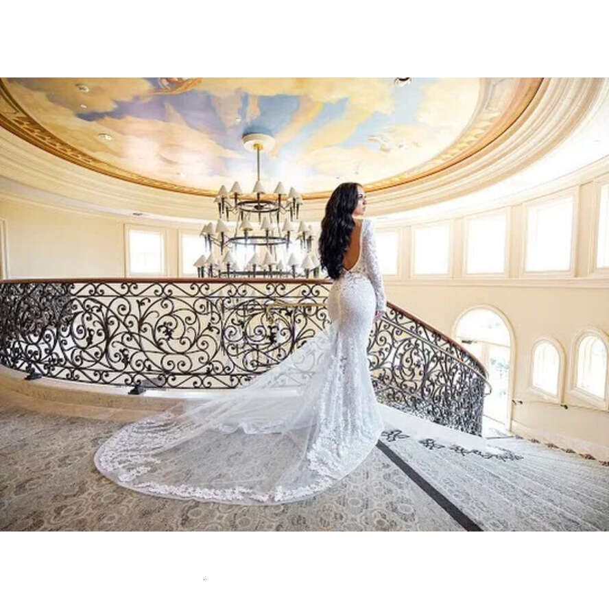African Full Lace Wedding Dress 2019 Sexy Mermaid Deep V Neck Backless Bridal Gowns With Super Long Sleeves Robe De Soriee