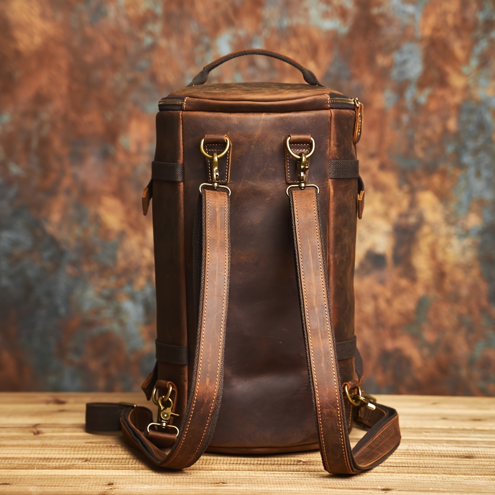 Men's leather bucket backpack, crazy horse leather luggage bag crossbody bag, very suitable for outdoor and leisure travel