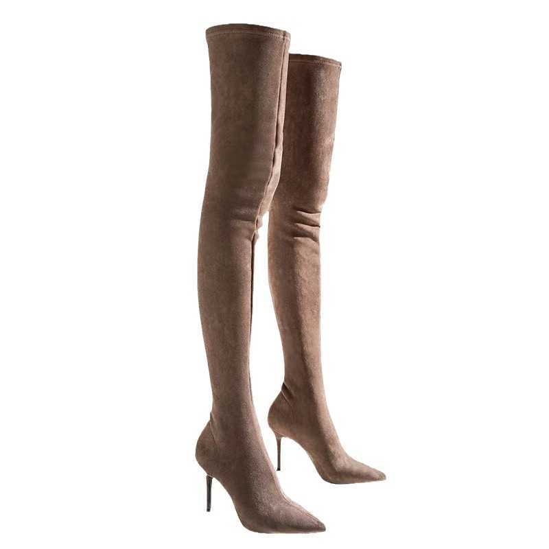 CMM Sharp Pointed High Heeled Long Boots for Women Autumn and Winter New Item Black Suede Elastic Slim Boots Knee High Elastic Boots Slim Heels
