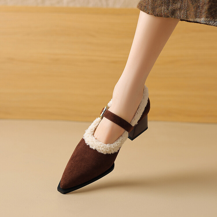 Women's Fashion Dress Shoes:French Retro Style Winter Fleece Warm Pointed Toe Mary Jane Shoes High Heel Chunky Shoes,Black/Brown,Free shipping