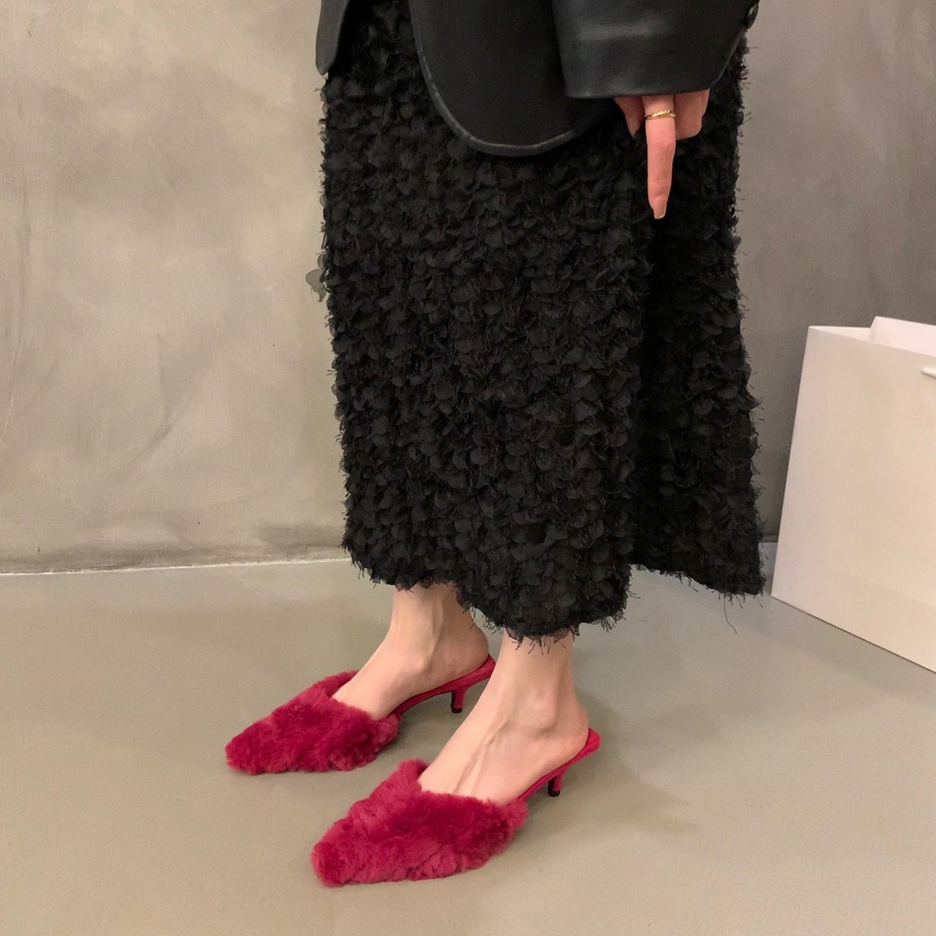Women's Fashion Slippers:French High Heel Fairy Style Shoes Wearing Outdoor Winter Fleece Warm,Black/White/Fuchsia/Leopard Print,Free shipping
