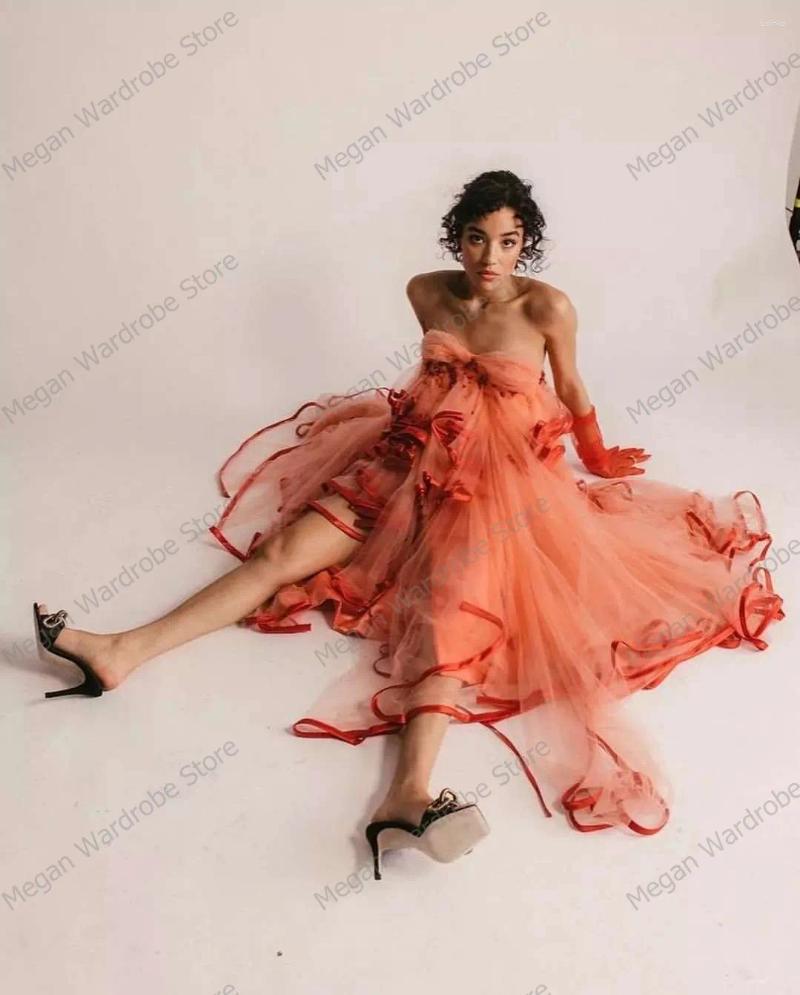 Casual Dresses Fashion Dusty Orange Strapless Draped Ruffles Tulle Hi Low Tiered Pleated Women Dress Long Summer Party