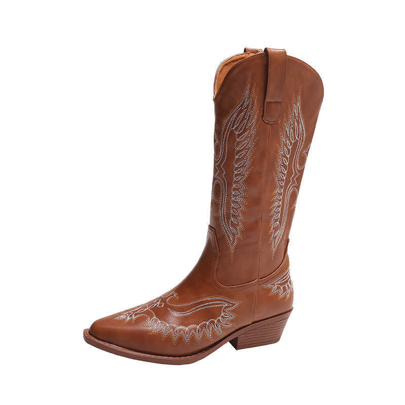 CMM Autumn Winter New Fashion Embroidered Western Cowboy Boots Womens Pointed Middle Barrel Thick Heel Knight Boots