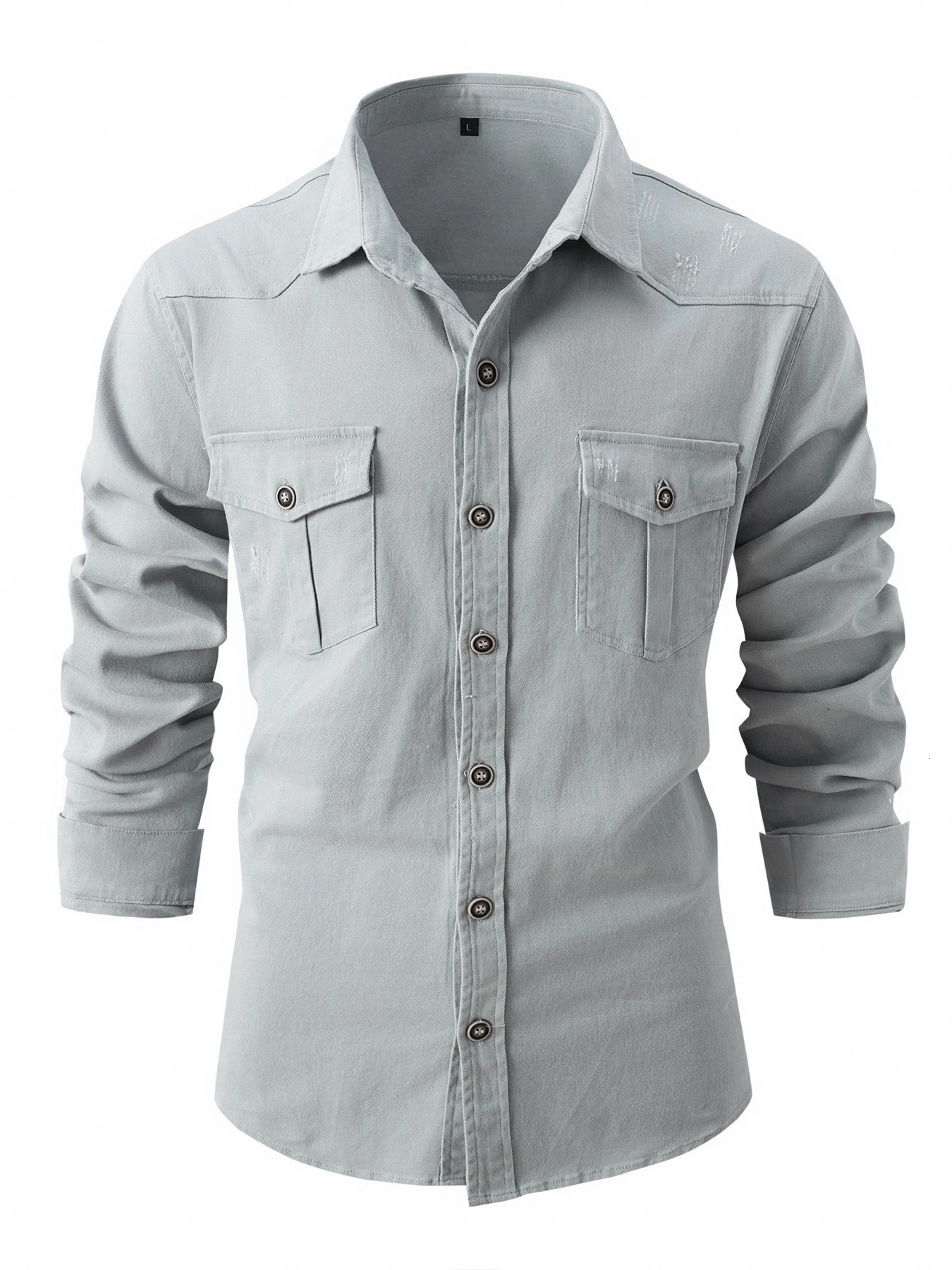 European size denim shirt mens casual solid color double pocket mens long sleeved washable elastic cotton fashion business sh 241030