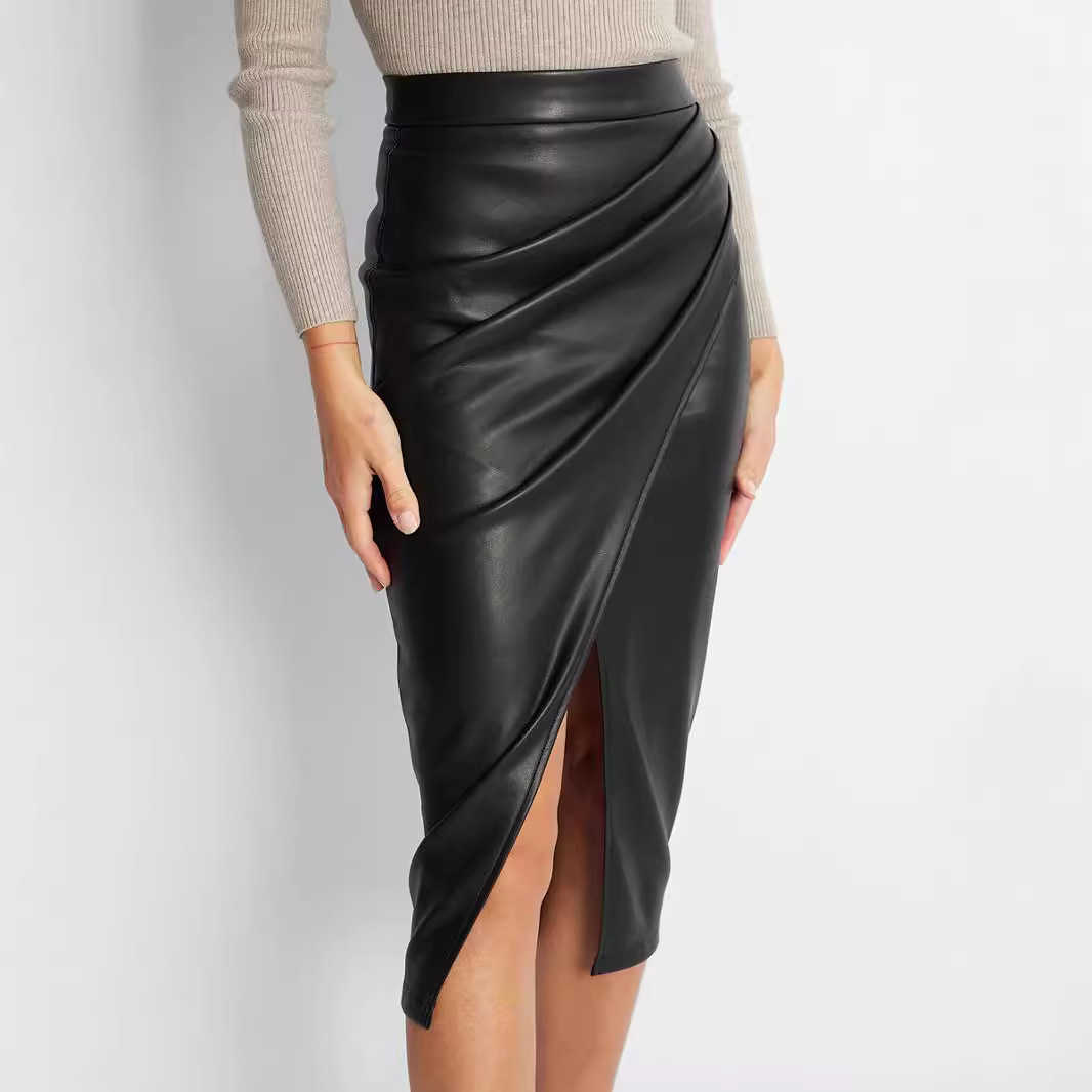 Women Long Hip-hugging Skirt WoMens Pu Split Half Skirt Autumn And Winter High Waisted Zipper Sexy Pleated Leather Skirt 241023