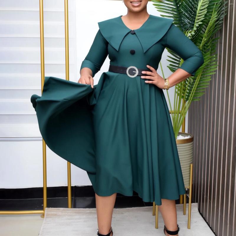 Casual Dresses Elegant Office Dress For Women Midi With Sleeve O Neck Turn Down Collar Three Quarter Belt Waisted Mid Calf Formal Work OL