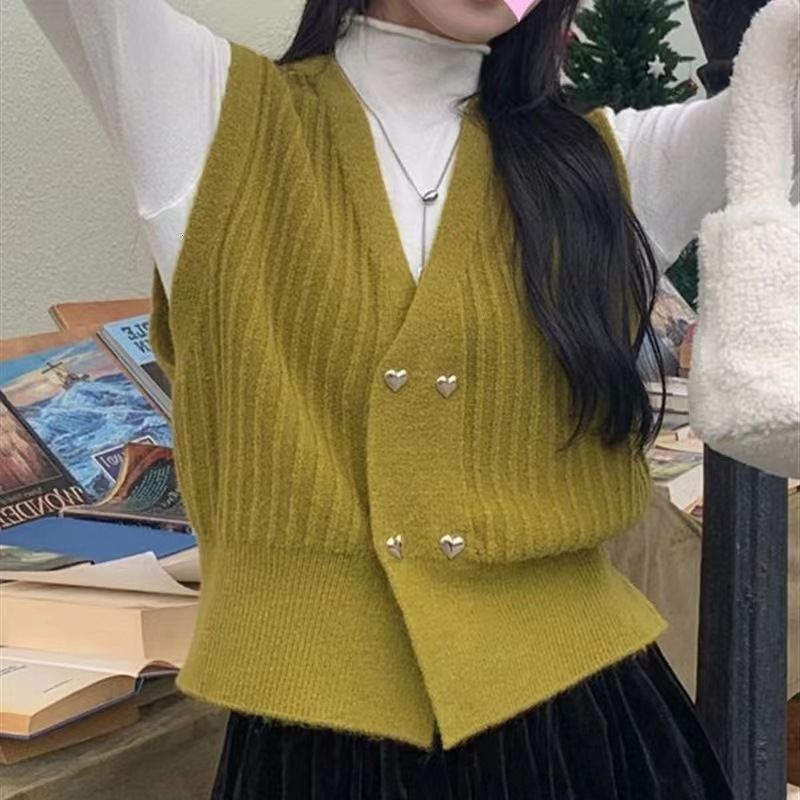 Sweater Double Breasted Vertical Stripes Autumn And Winter New Sleeveless Knitted V Neck Cardigan Women Vest F1104#29