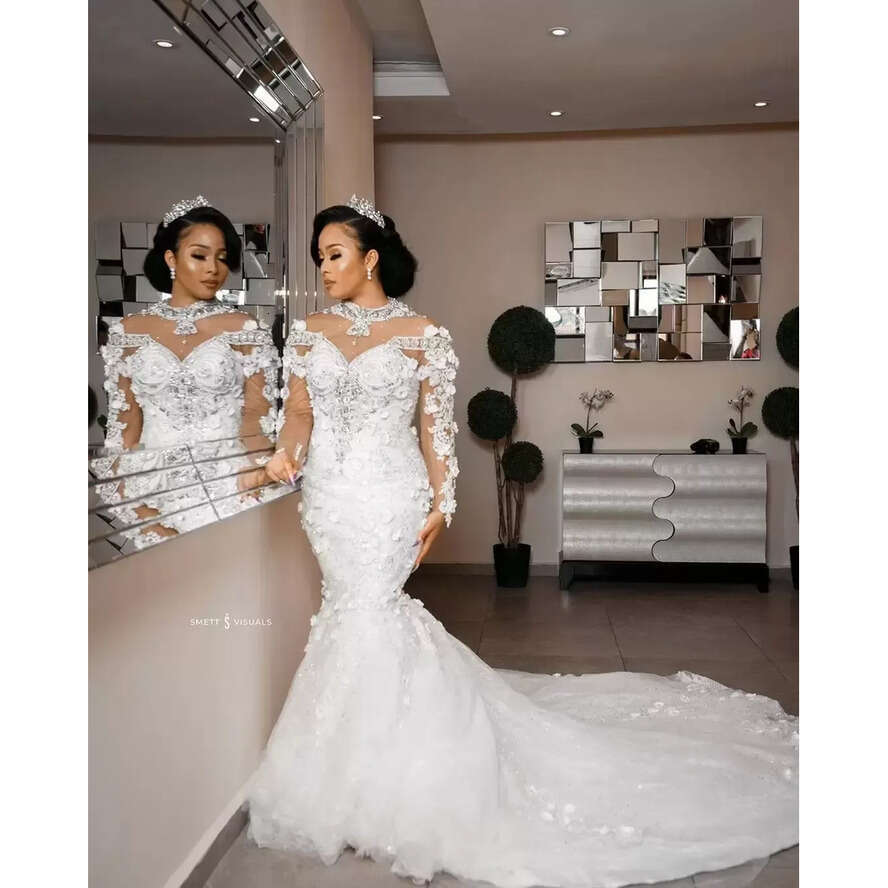 2023 Arabic Aso Ebi Urious Lace Beaded Crystals Sheer Neck Bridal Dresses Mermaid Wedding Gowns