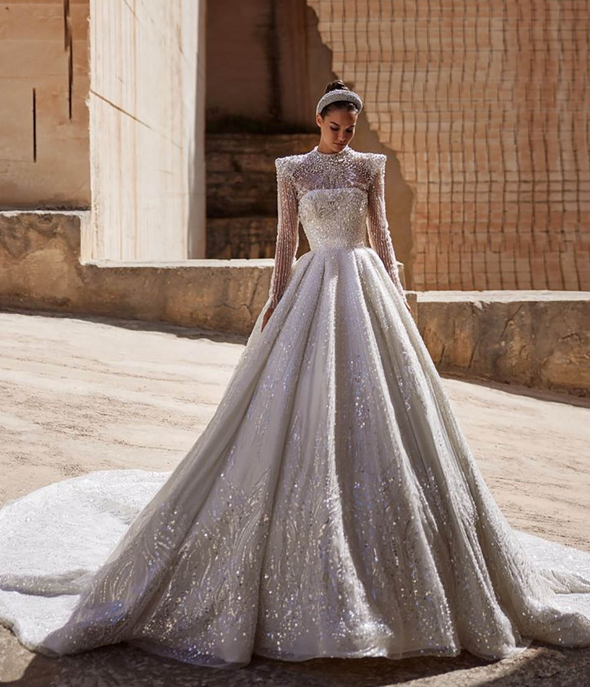 Glamorous Wedding Dresses Pearls Bride Gown Sequins Beading A E Bridal Dress Sheer Long Sleeves Custom Made Vestidos De Novia 0219
