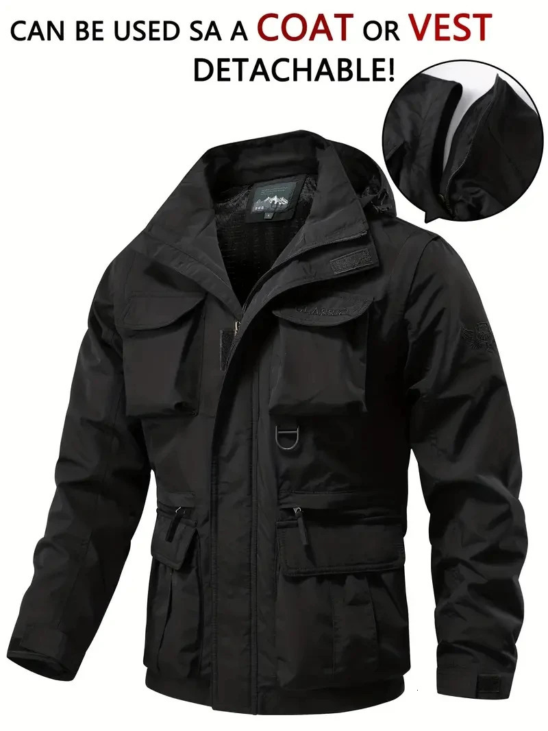 Detachable windproof sleeved hooded jacket suitable for outdoor activities mens casual waterproof multi pocket vest 241104