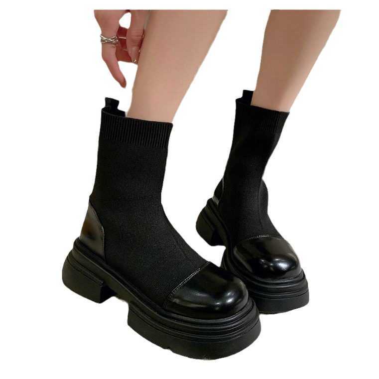 CMM Knitted Slim Boots Womens Autumn and Winter New Fashion Round Toe Thick Soled Short Boots Casual Thick Heel Elastic Sleeve Socks Boots