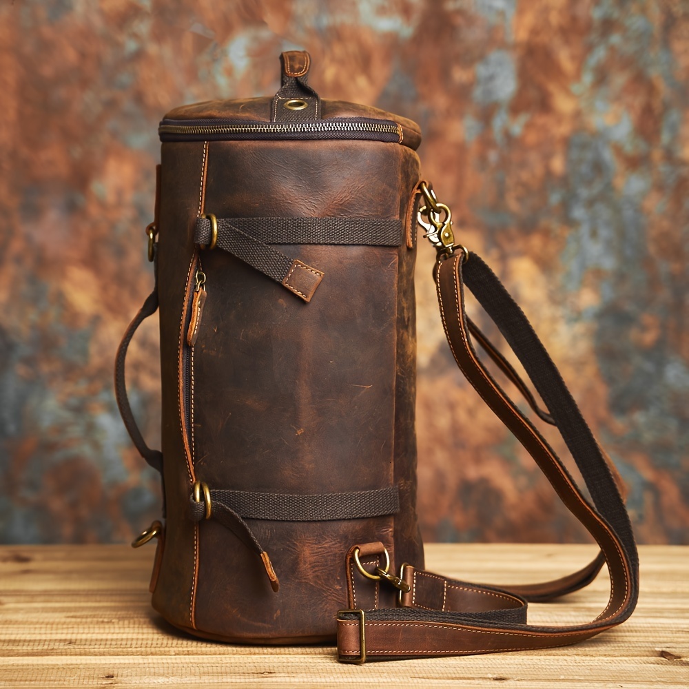 Men's leather bucket backpack, crazy horse leather luggage bag crossbody bag, very suitable for outdoor and leisure travel