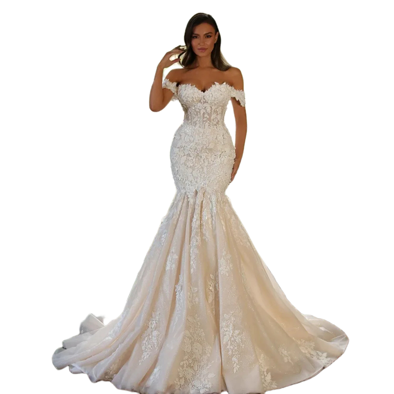 Boho Lace Mermaid Wedding Dresses Off Shoulder Long Dark Ivory Bridal Gowns Appliques Court Trian Country Vestido De Novia Back Lace-Up 2025 Spring