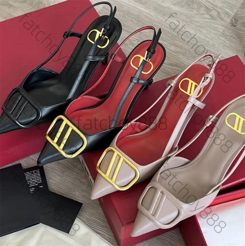High Heels Designer Sandals Classics Metal Buckle Pointed Toe Thin Heel 4cm 6cm 8cm 10cm Summer Luxurys Brand Genuine Leather Woman Wedding Shoes Dress shoes Eur 35-44