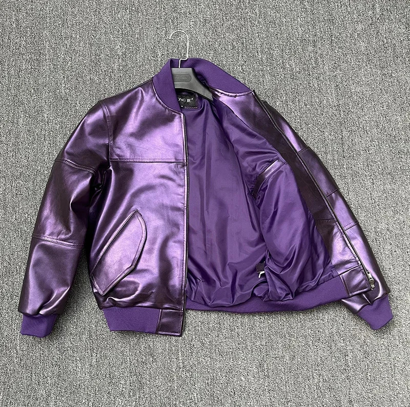 Purple Sheepskin Baseball Jacket Men Streetwear Long Sleeve Trend Casual Slim Leather Coats Male Clothes Motorcycle 241104