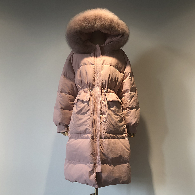 Women's Down Jacket Winter Loose Mid-Length Thickened Drawstring Hooded Big Fox Fur Collar 2022 New Solid Korean Coat
