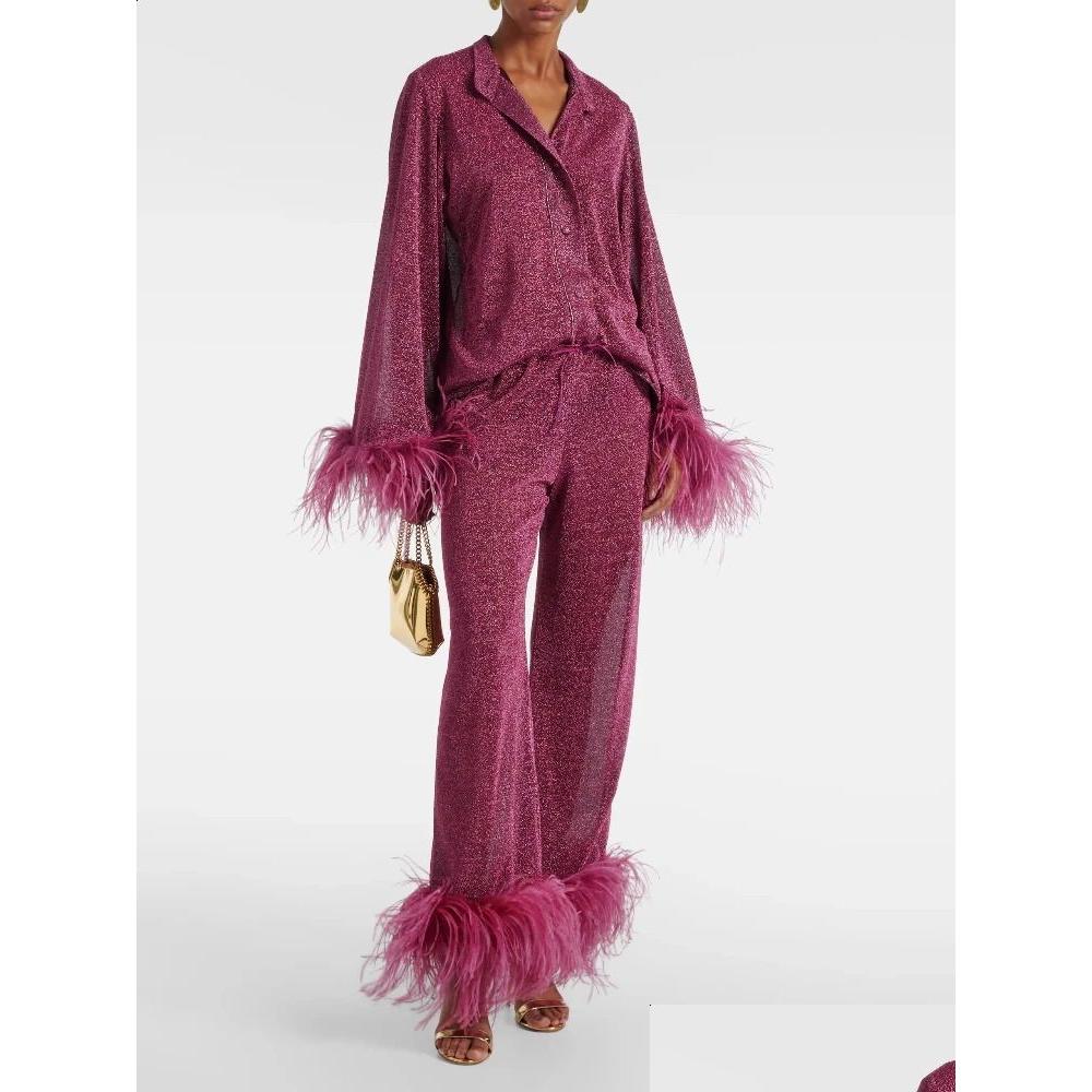 Womens Fashion Shiny Feather Solid Shirt Trouser Set Unique Collar Single Chest Top Autumn Holiday 240903 Drop Delivery Apparel Cloth Dhrze