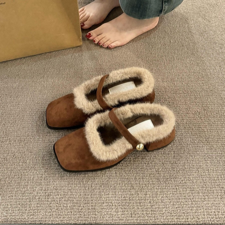 Women's Fashion Slippers:Chunky Heel Increase Height 2024 Winter New Trendy French Retro Fleece Warm,Leopard Print/Black/Brown,Free shipping