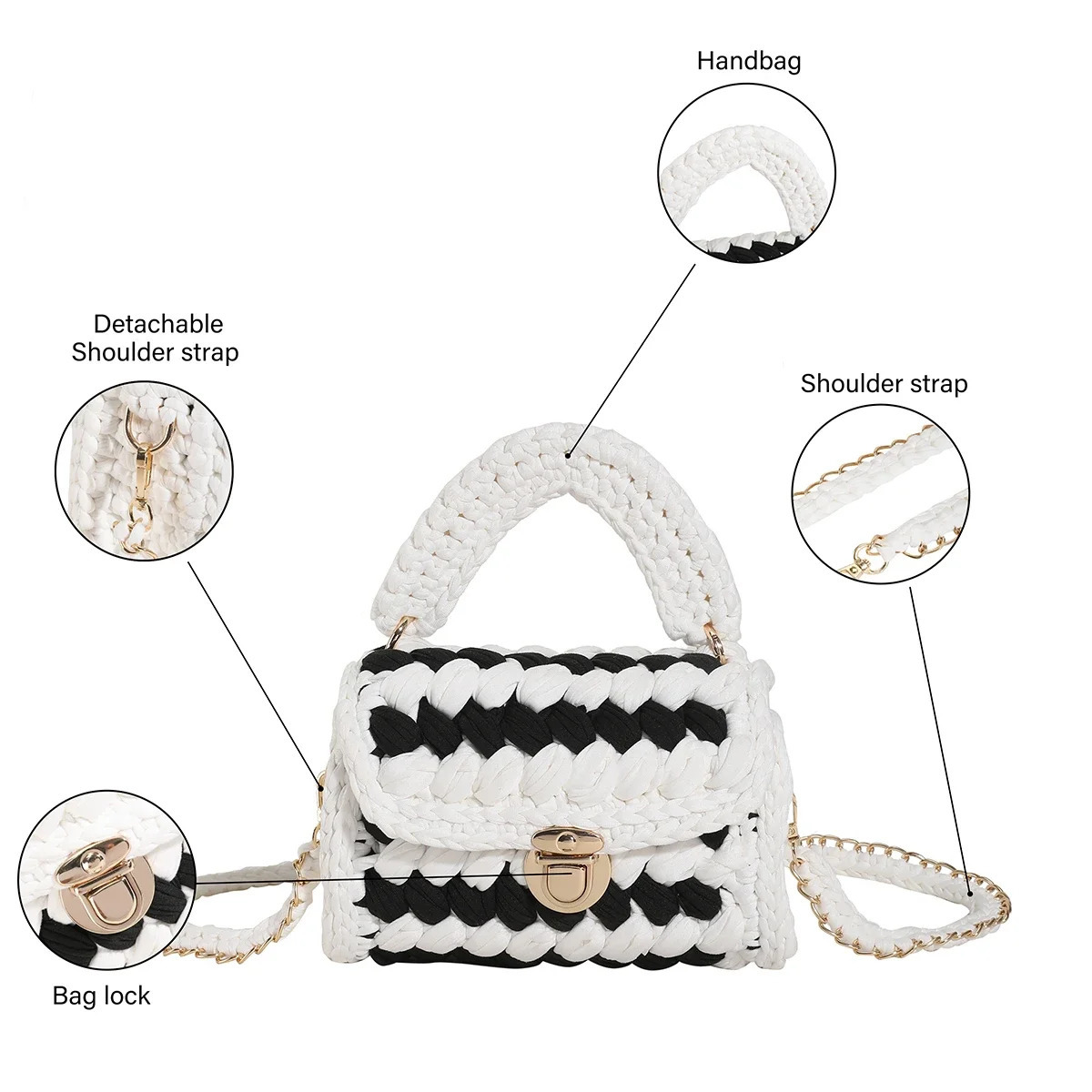 Knitting Bags for Women Handmade Woven Handbags with Chain Ladies Fashion Solid Color Square Crochet Bag 240320