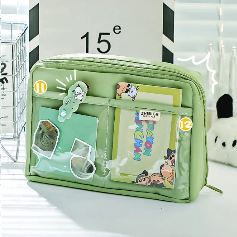Multilayer 90° Open Pencil Case Large Capacity Green Student Cloth Pen Bags School Stationery Organizer Supply Pouch 241029