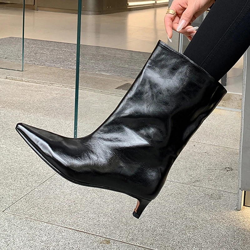 Autumn Winter Genuine Leather Boots Pointed Toe Solid Color Cat Heels Ankle Botas Mid Fashion Short 241104