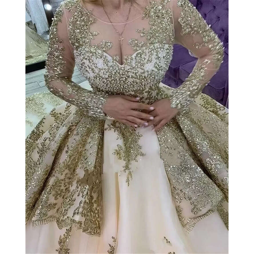 Princess Champagne Ball Gown Quinceanera Dresses Beading Sweet 16 Dress Long Sleeve Pageant Gowns Vestidos De 15 Anos