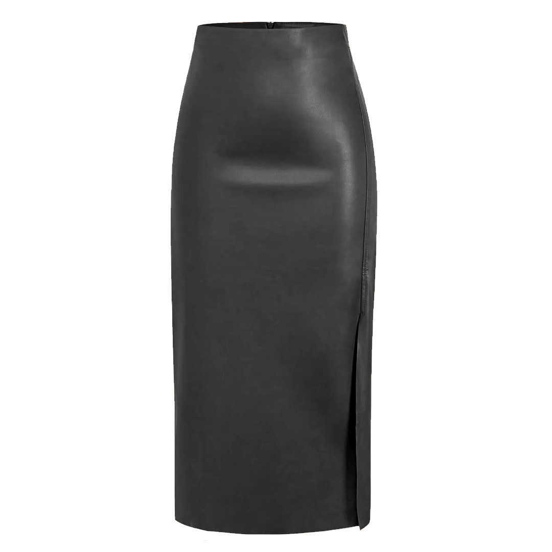 Autumn And Winter Pu Leather Skirt High Waisted Zipper Black Skirts Half Split Skirt Slim Fit Hip Hugging Long Skirt For Women Skirt 241023