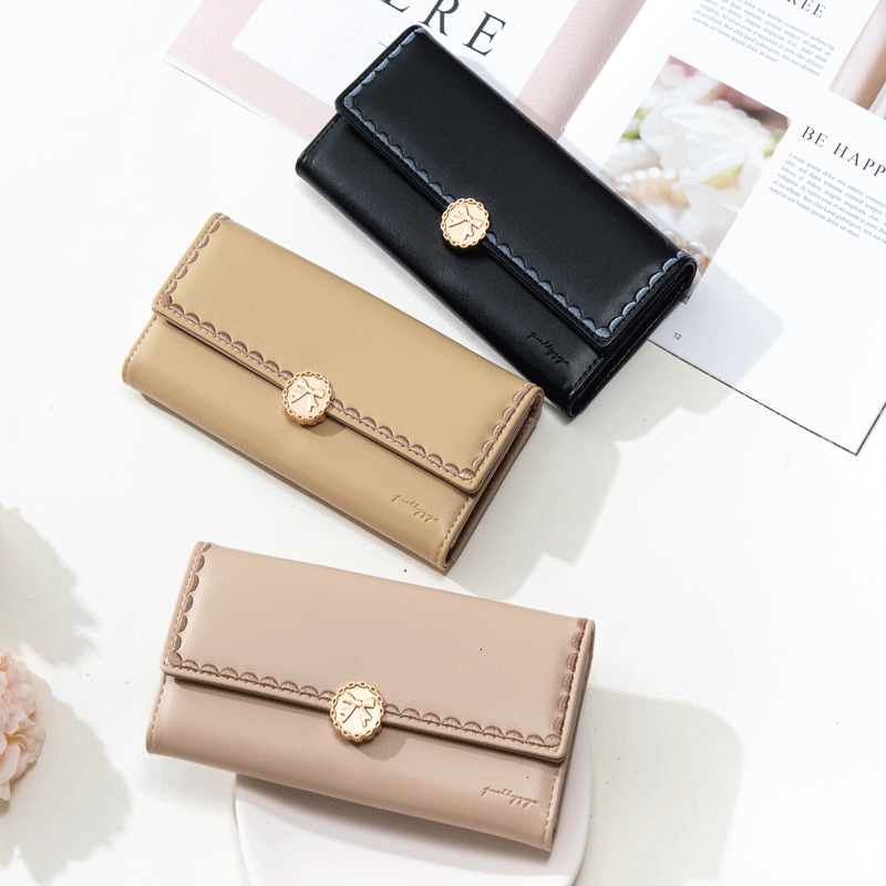 Love Step New Long Women's Solid Color Bow Buckle Three Fold Embroidered Handbag Wallet Clip