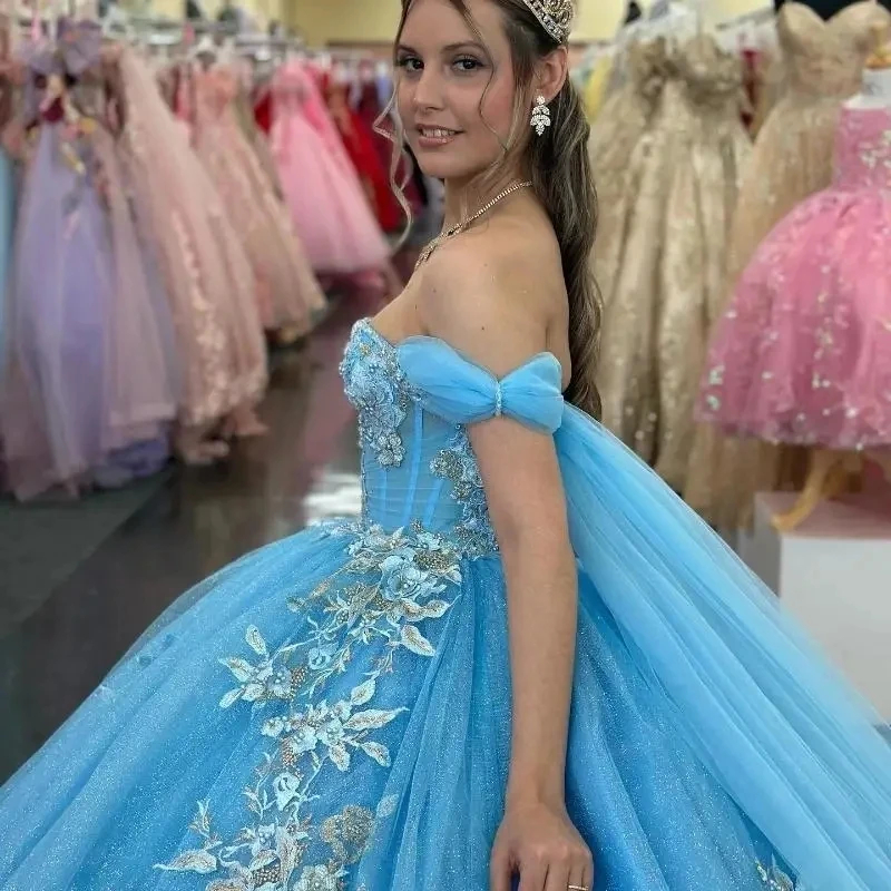Sky Blue Princess Quinceanera Dresses Off The Shoulder Sweetheart Neck Long Tulle Ball Gown Sweet 16 Dress Corset Open Back Prom Special Occasion Gown